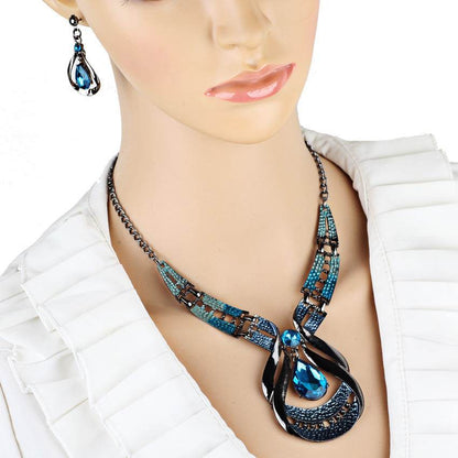 Exotic European-American Jewelry Set - Antique Oil Blue Necklace & Earrings - Buy Center