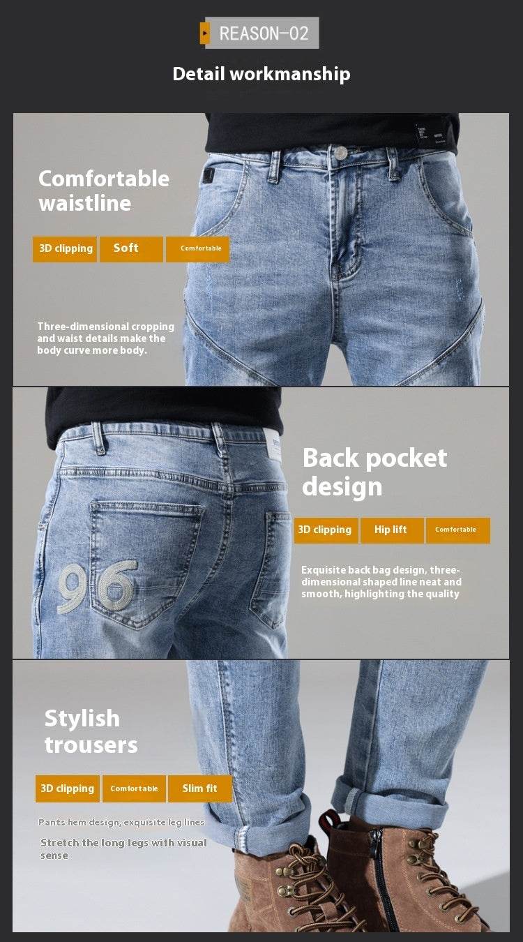 Men's Elastic Stitching Embroidered Jeans - Light Blue Denim Style - Buy Center