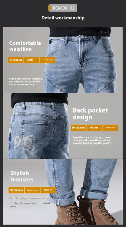 Men's Elastic Stitching Embroidered Jeans - Light Blue Denim Style - Buy Center