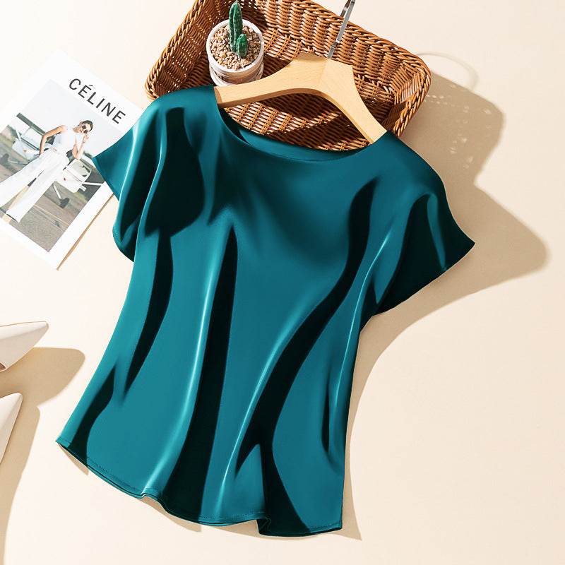 Silky Acetate Satin T-Shirt for Women - Loose Fit, Short Sleeve Style - Buy Center