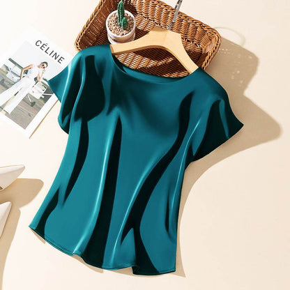 Silky Acetate Satin T-Shirt for Women - Loose Fit, Short Sleeve Style - Buy Center