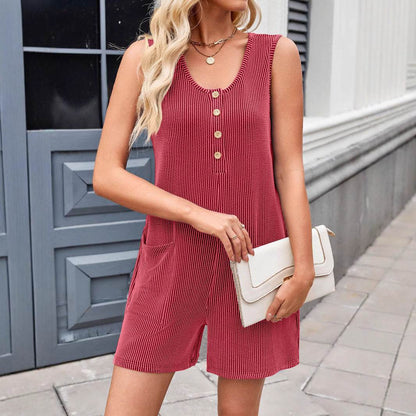 Contrast Color Striped Sleeveless Vest Jumpsuit - Stylish & High Elasticity - Buy Center
