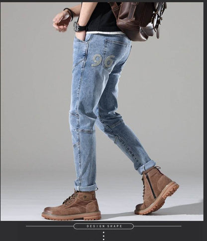 Men's Elastic Stitching Embroidered Jeans - Light Blue Denim Style - Buy Center