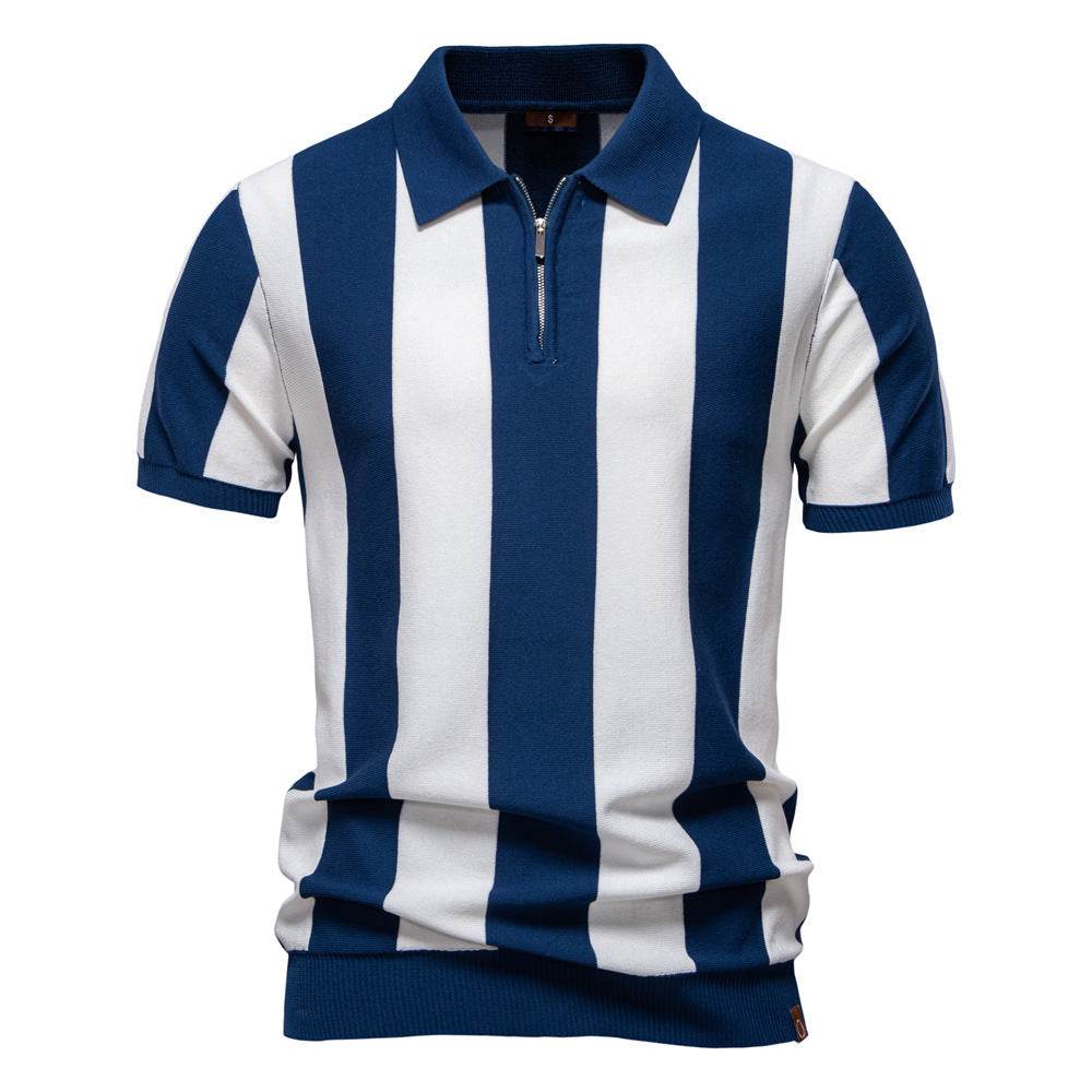 Men's Lapel Short-Sleeved Woolen Polo Shirt - Stylish Striped Design - Buy Center