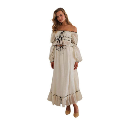 Off-neck Puff Sleeve Vacation Top Suit - Stylish Apricot Set for Women - Buy Center