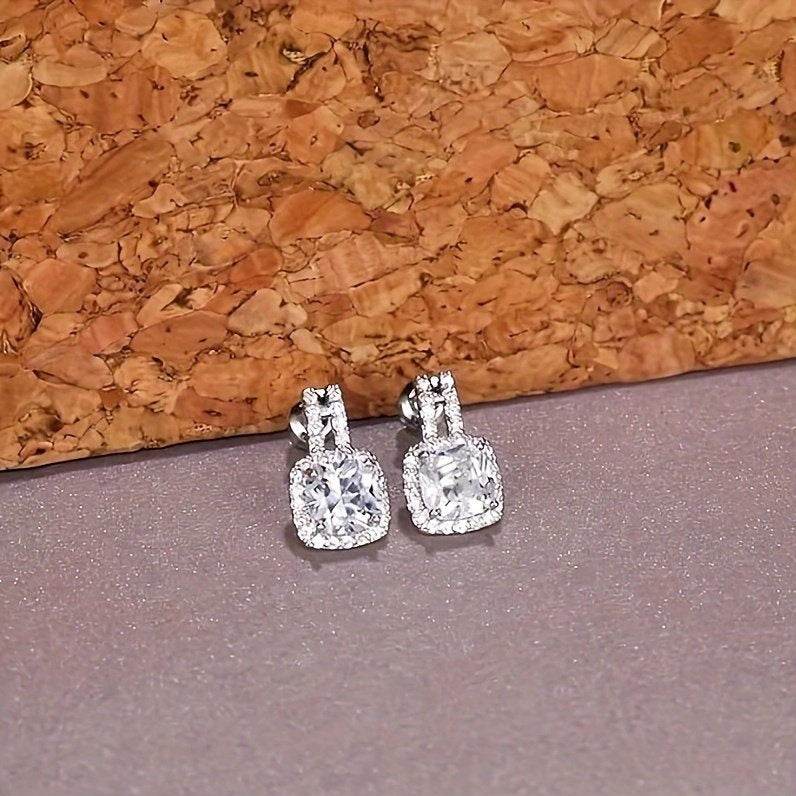 2CT Moissanite Stud Drop Earrings - Sterling Silver Halo, D Color - Buy Center