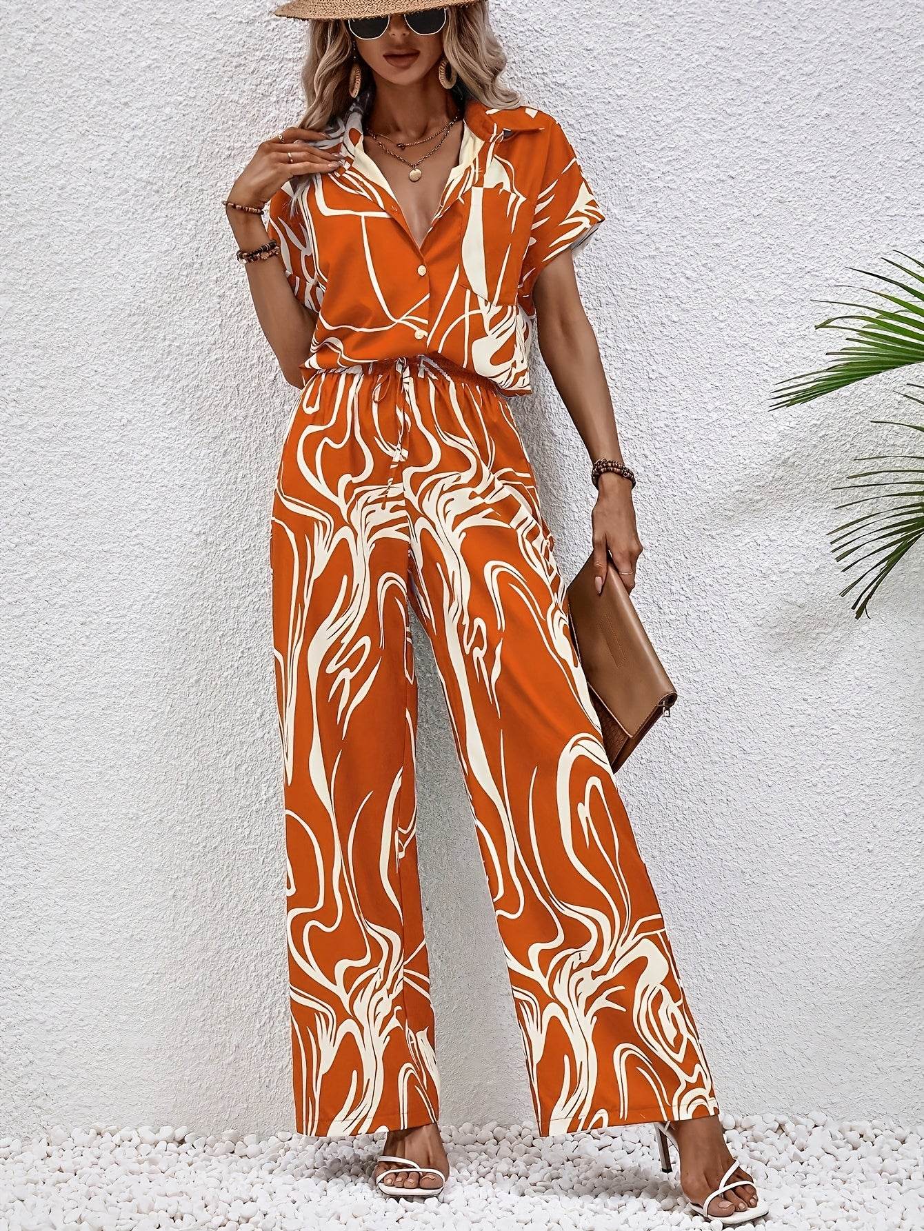 Elegant Women's Pants Set - Wide Leg Trousers & Short Sleeve Shirt - Buy Center