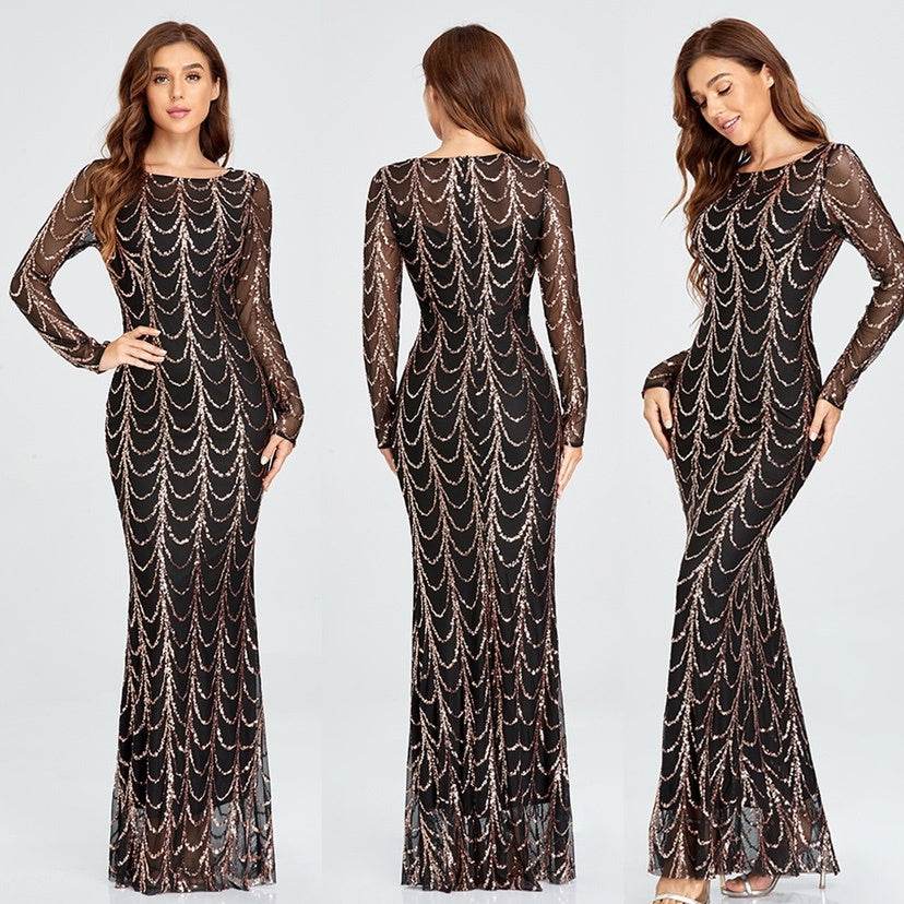 Buycenter Sequin Maxi Dress - Long Sleeve Evening Party Dress for Women - Buy Center