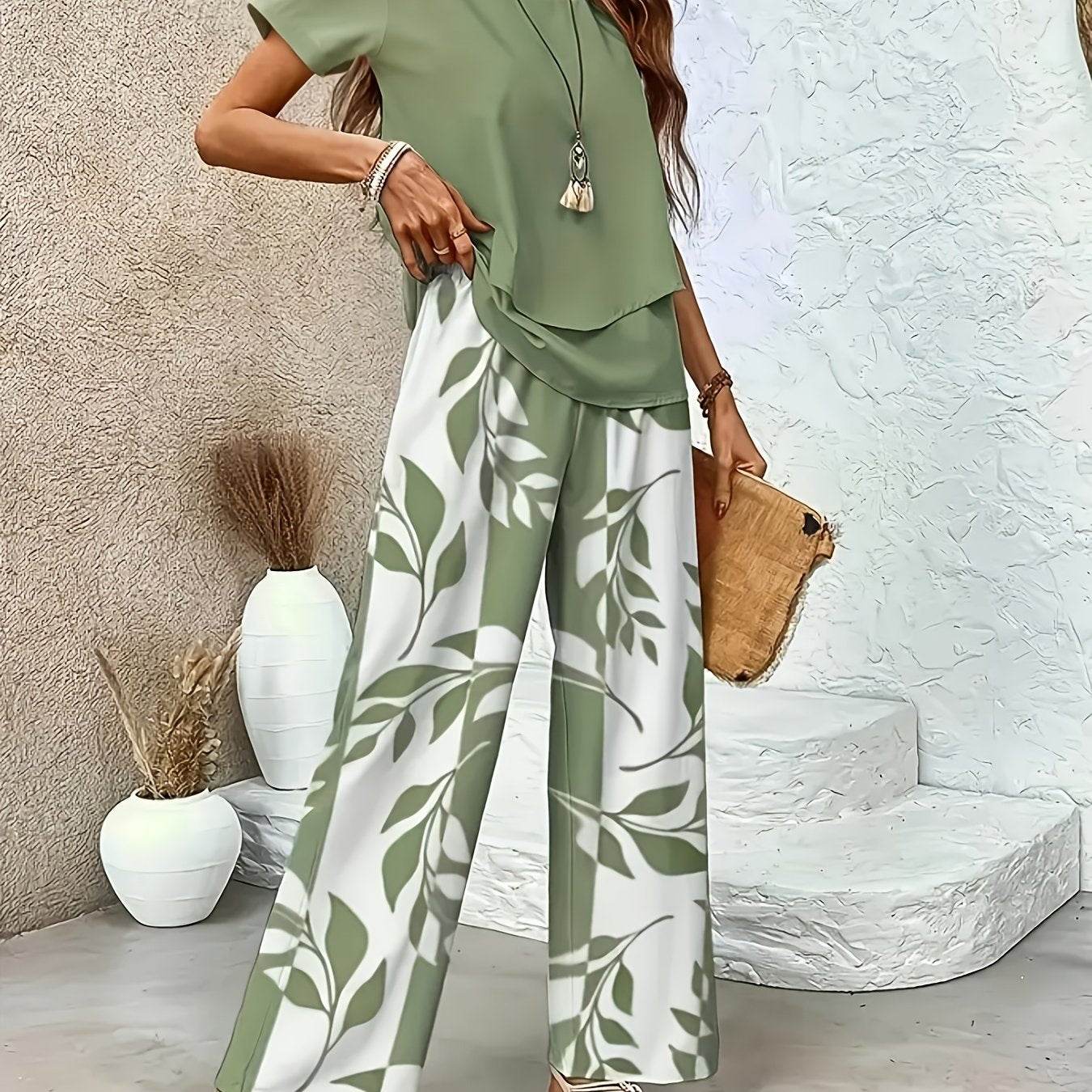 Women's Floral 2pcs Short Sleeve Pants Set - Elegant Spring Style - Buy Center