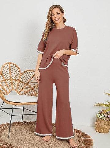 Buycenter New Knitting Suit - Short Sleeve Pullover & Wide Leg Pants - Buy Center