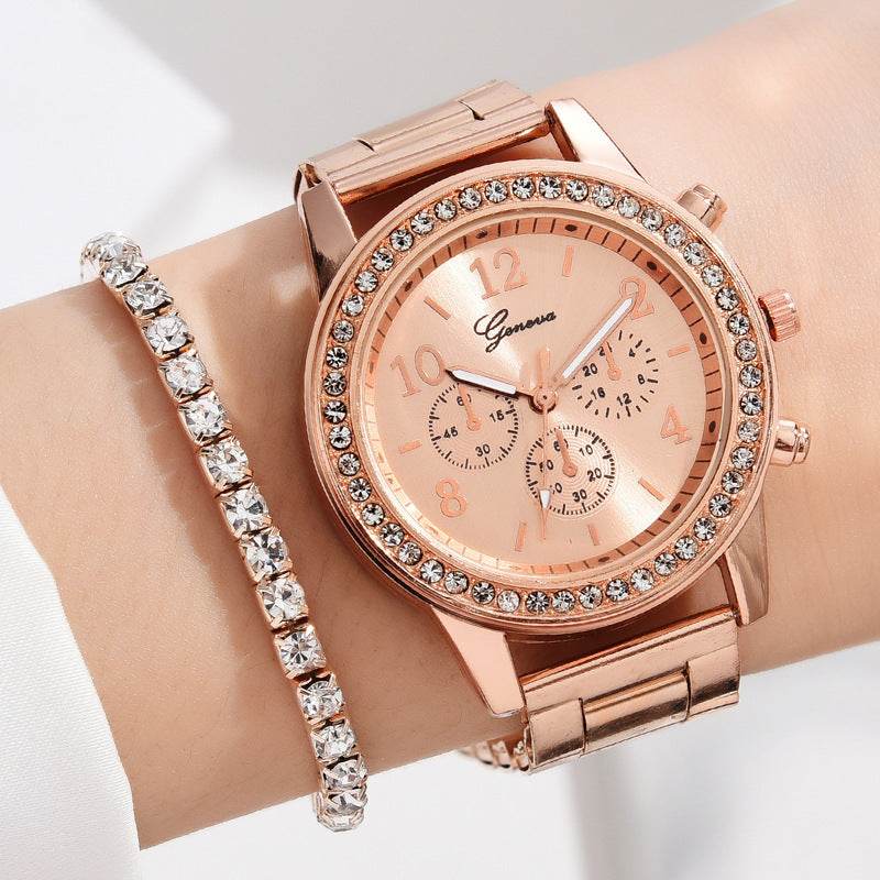 Women's Quartz Diamond-Embedded Watch - Stylish Rose Gold & Silver - Buy Center