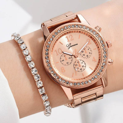 Women's Quartz Diamond-Embedded Watch - Stylish Rose Gold & Silver - Buy Center