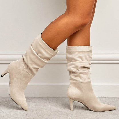 Buycenter Women's Plus Size Stiletto Heel Boots - Wrinkled Suede Design - Buy Center