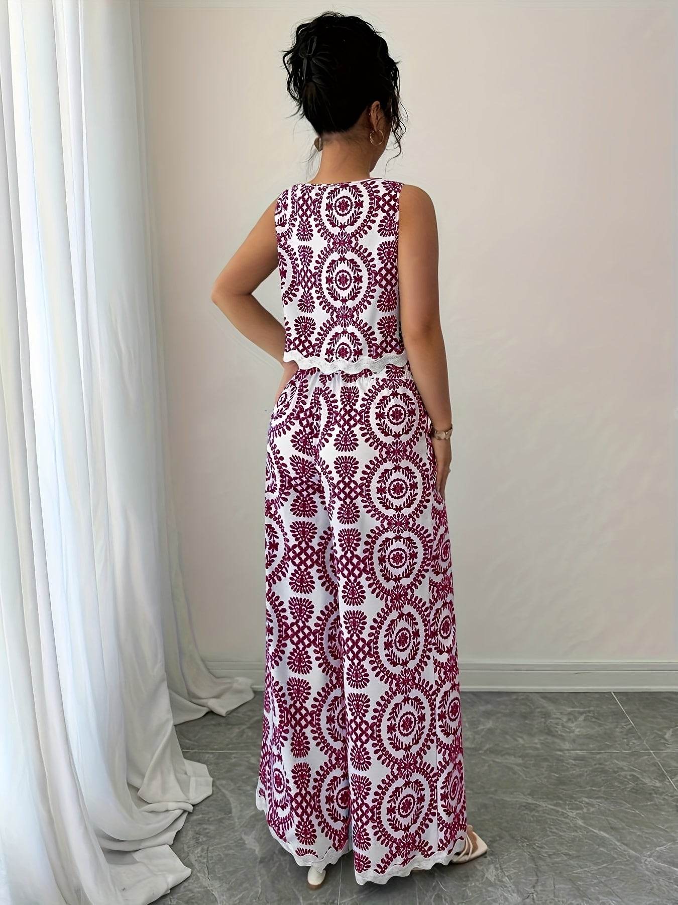 Elegant Women's 2pcs Set - Plant Pattern Top & Pants for All Seasons - Buy Center