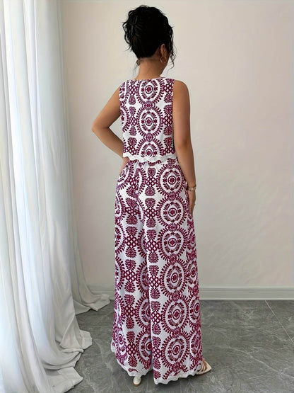 Elegant Women's 2pcs Set - Plant Pattern Top & Pants for All Seasons - Buy Center