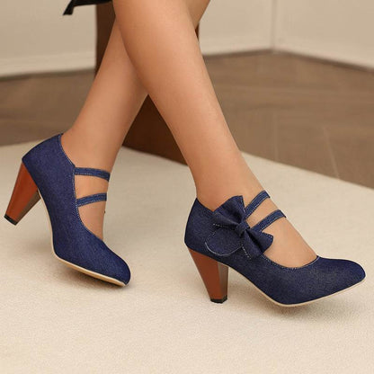 Buycenter Round Toe High Heels Pumps - Stylish Denim Bow Design - Buy Center