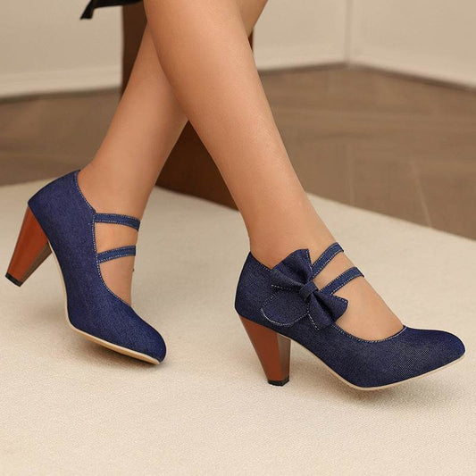 Buycenter Round Toe High Heels Pumps - Stylish Denim Bow Design - Buy Center
