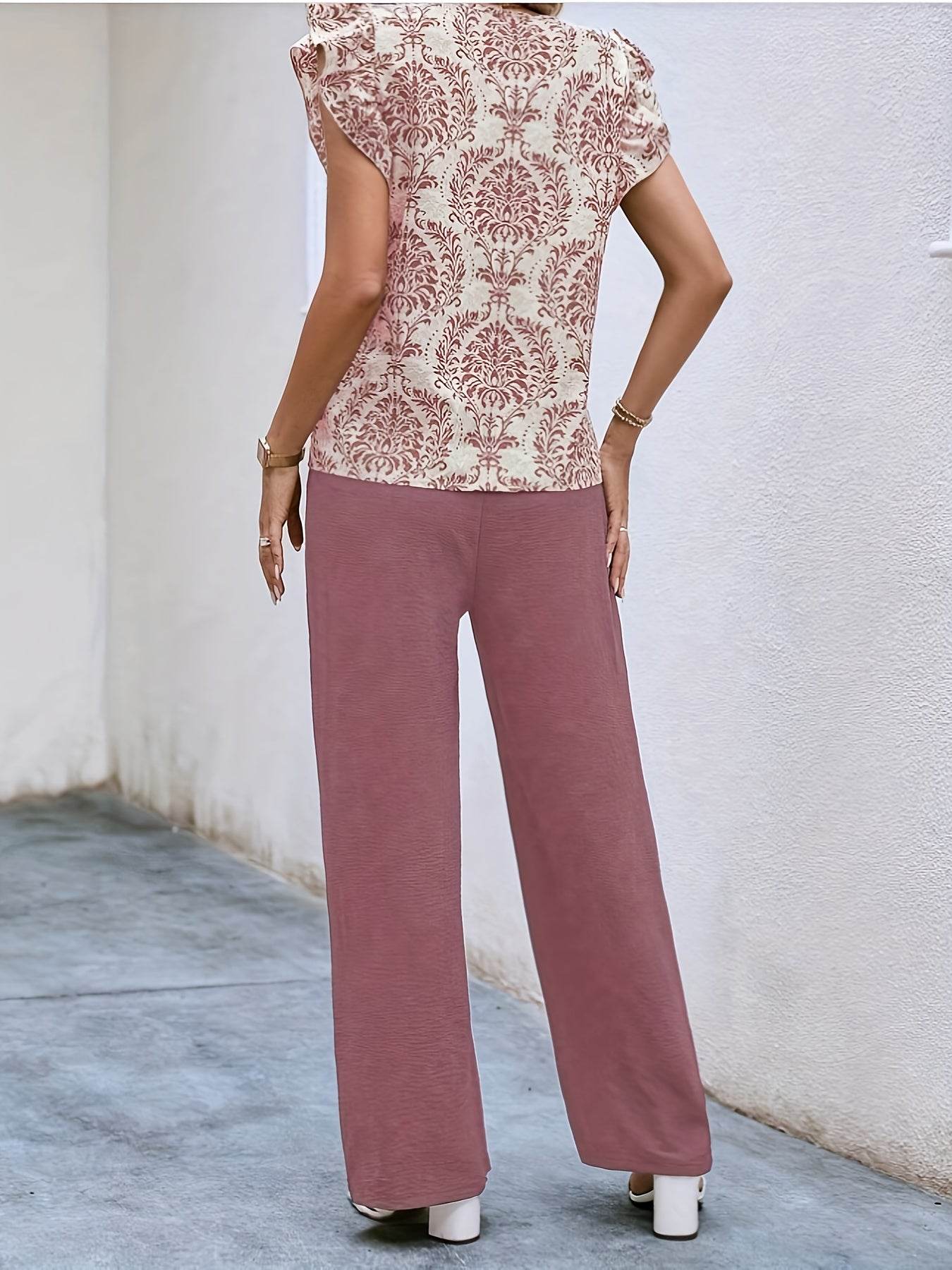 Women's Floral V-Neck Top & Wide Leg Pants Casual Vacation Set - Buy Center