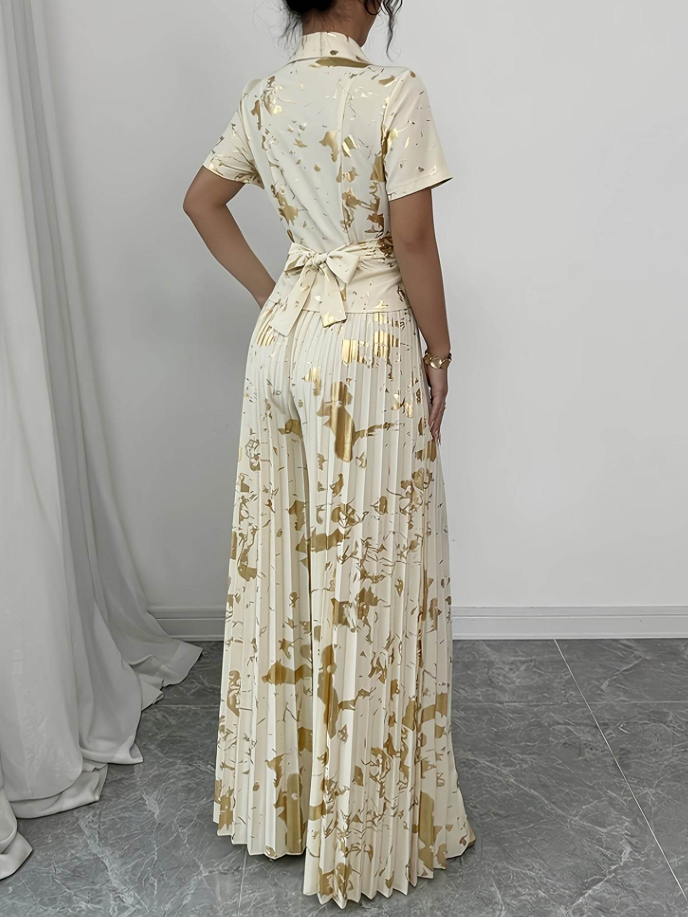 Elegant Golden-Print Two-Piece Set - Chic V-Neck Ruffle Blouse - Buy Center