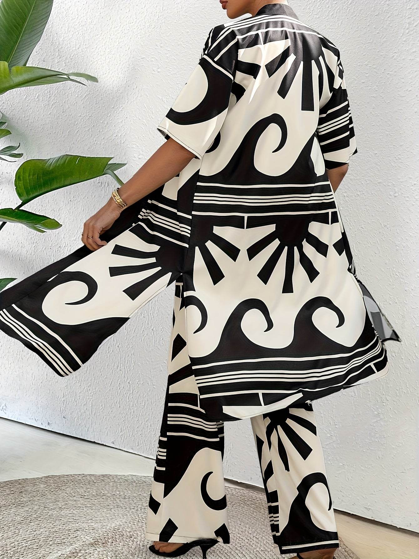 Women's Casual Two-Piece Set - Long Coat & Pants with Art Print - Buy Center