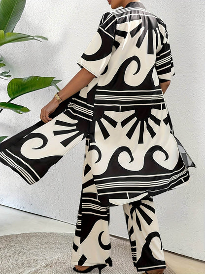 Women's Casual Two-Piece Set - Long Coat & Pants with Art Print - Buy Center