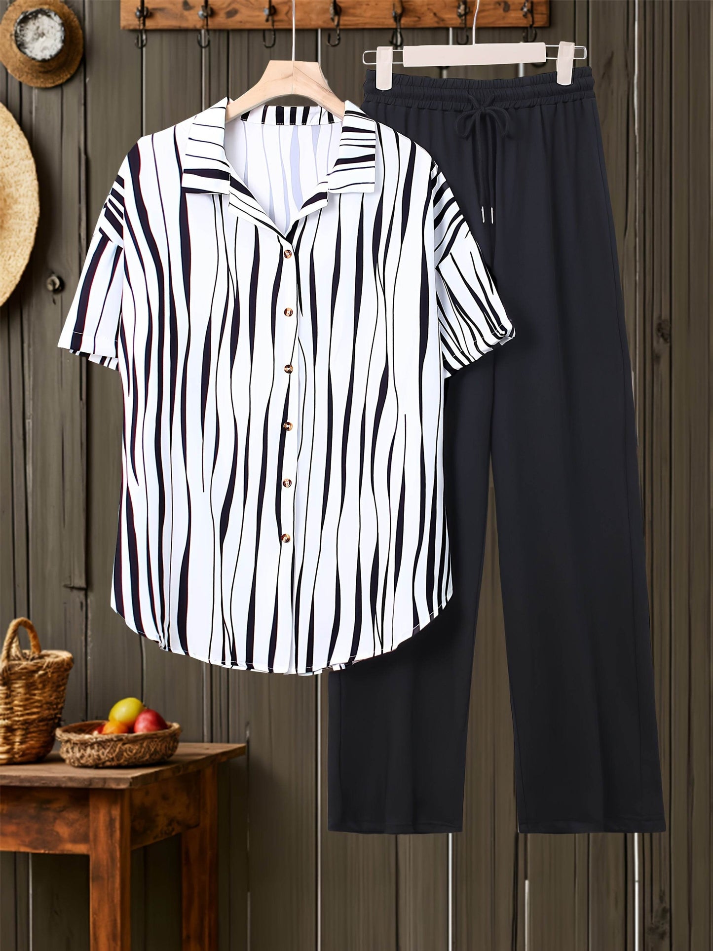 Women's Trendy Loose Striped Print Set - Long Sleeve Shirt & Pants - Buy Center