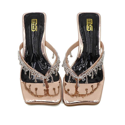 Trendy Square Toe Chunky Heel Sandals for Women - Rhinestone Accents - Buy Center