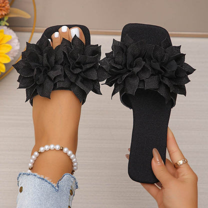 Buycenter Flower Square Head Flat Slippers for Women - Stylish & Comfy - Buy Center
