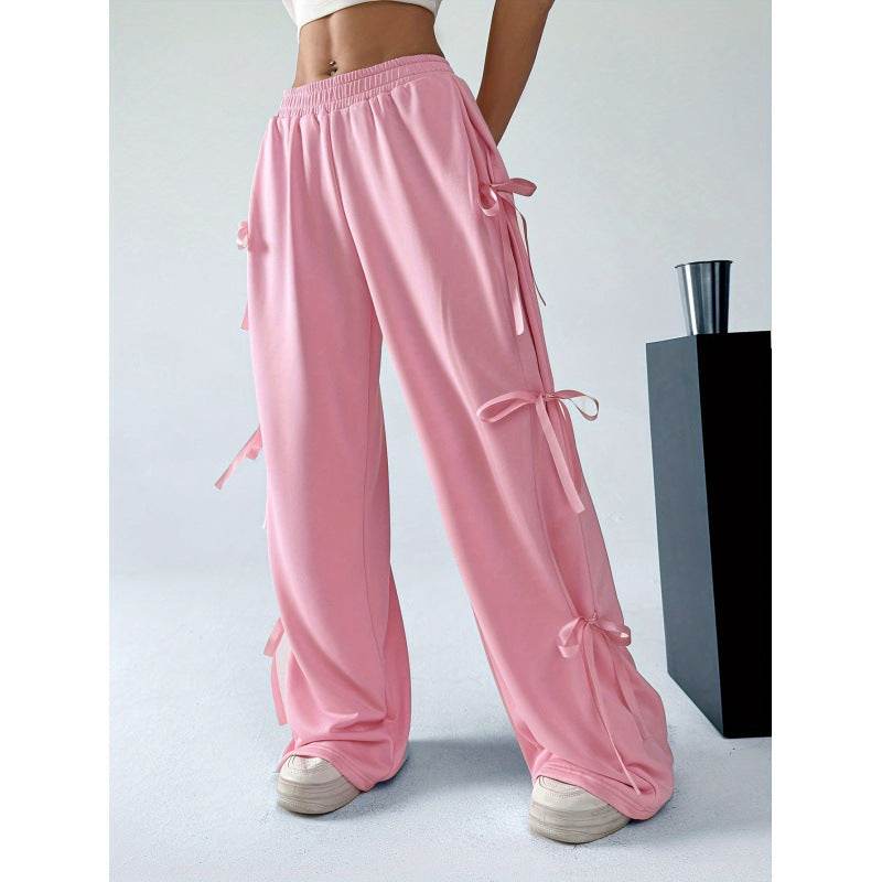 Women's Contrast Color Straight-Leg Trousers - Stylish Mid Rise, Elastic Waist - Buy Center