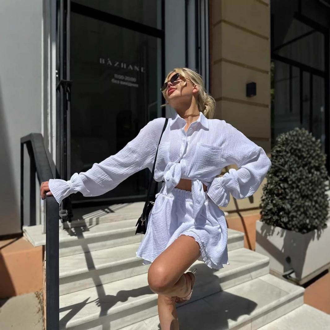 Ruffled Long Sleeve Shirt & Casual Shorts Set - Premium Cotton in Colors - Buy Center