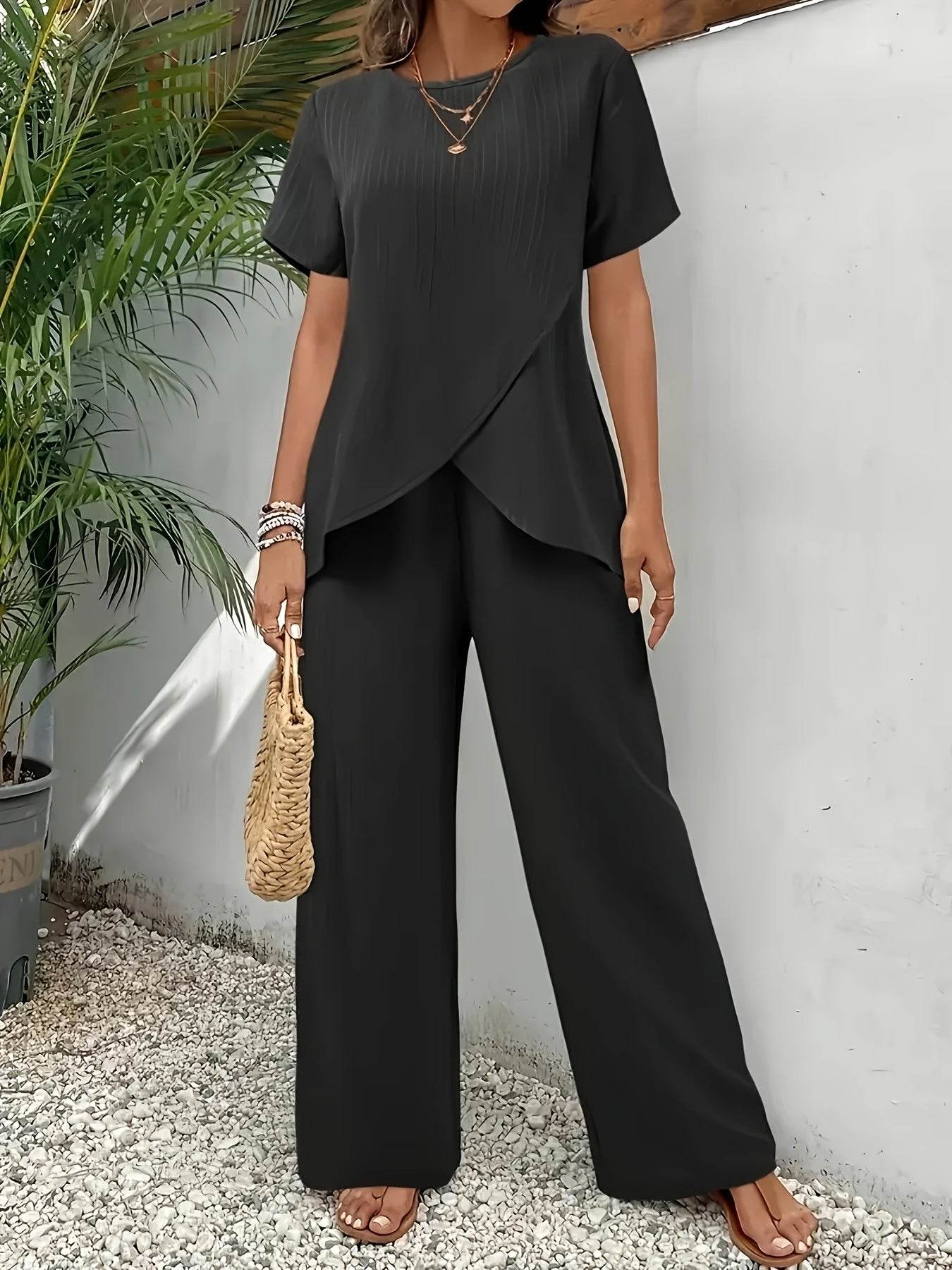 Elegant Two-Piece Set - Asymmetrical Hem Top & Wide-Leg Pants - Buy Center