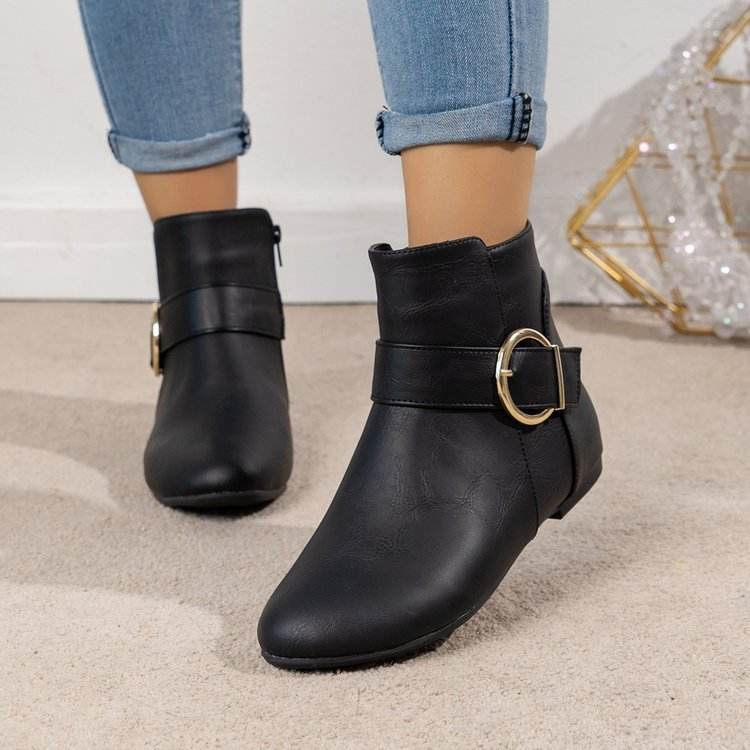 Big Buckle Black Side Zipper Low-Top Martin Boots for Trendy Women - Buy Center