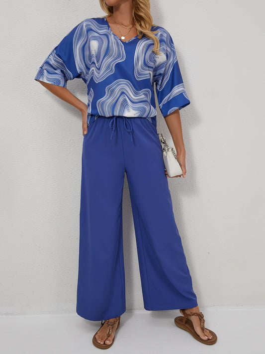 Elegant V-Neck Geometric Pantsuit - 100% Polyester for Spring/Fall - Buy Center