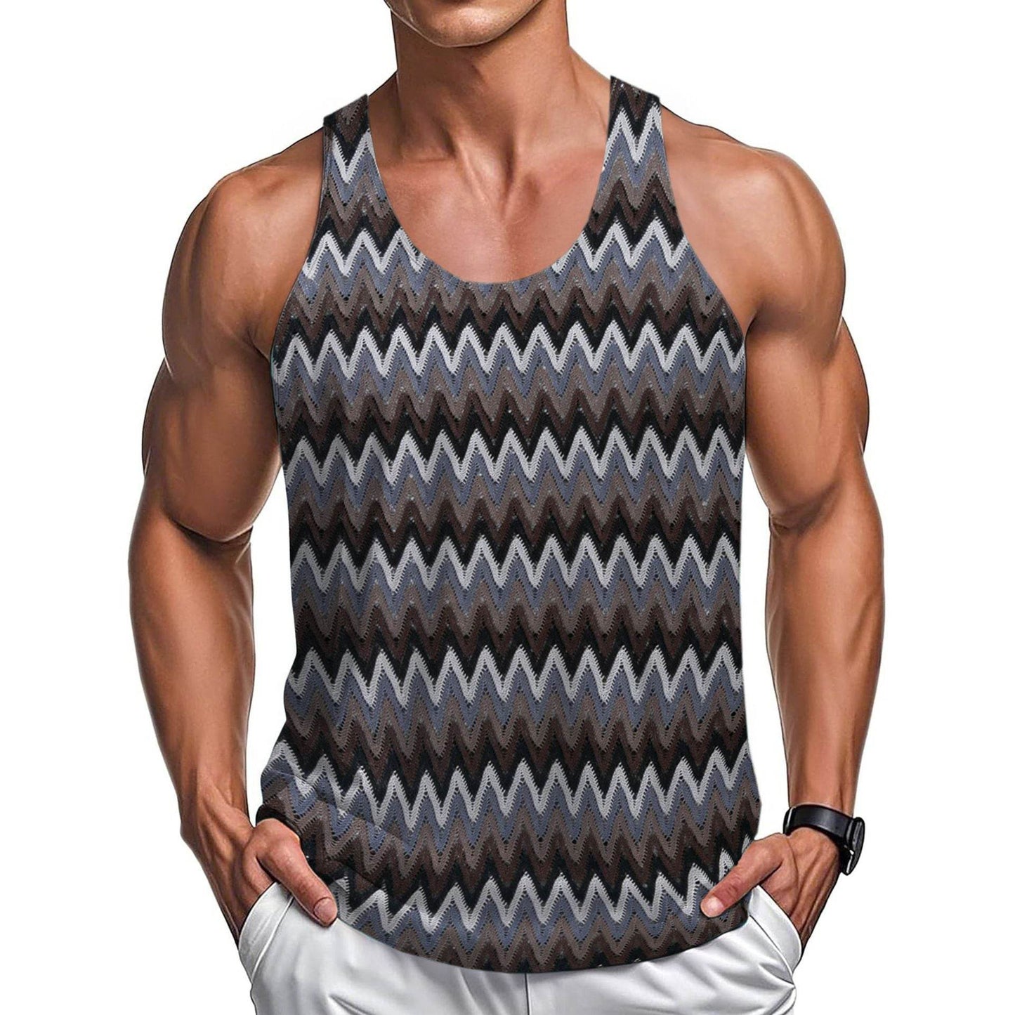 Retro Stripe Color Wave Vest - Summer Casual Men's Clothing in Green & Red - Buy Center