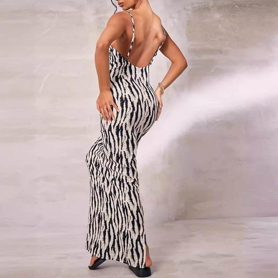 Buycenter Zebra Print Slimming Spaghetti Strap Dress - V-Neck Style - Buy Center