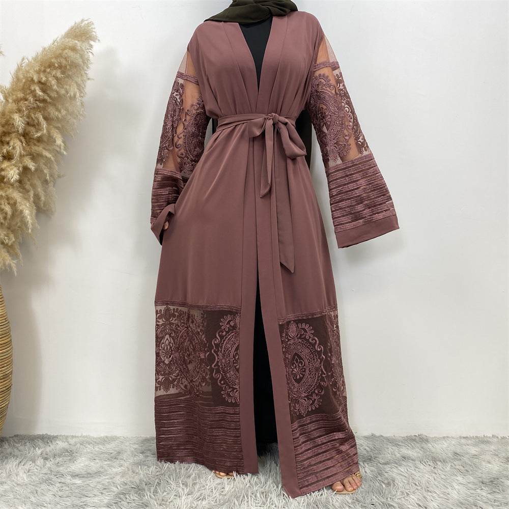 Buycenter Embroidered Mesh Robe Dress - Elegant Women's Long Trench Coat - Buy Center