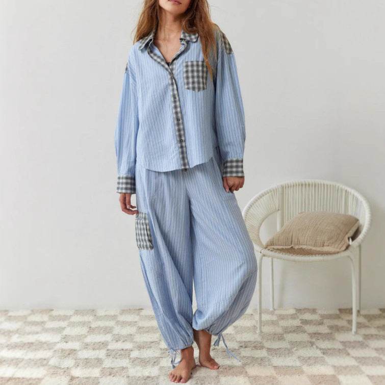 Women's Plaid Dressing Gown Set - Long Sleeve Shirt & Trousers Outfit - Buy Center