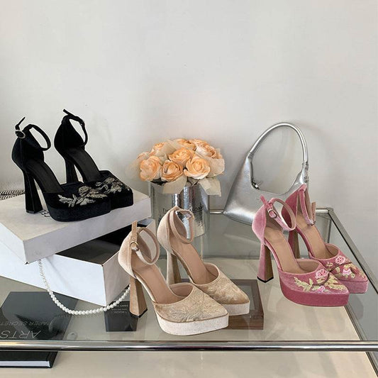 New Chinese Style Chunky Heel Pumps - Waterproof Pointed Toe Elegance - Buy Center