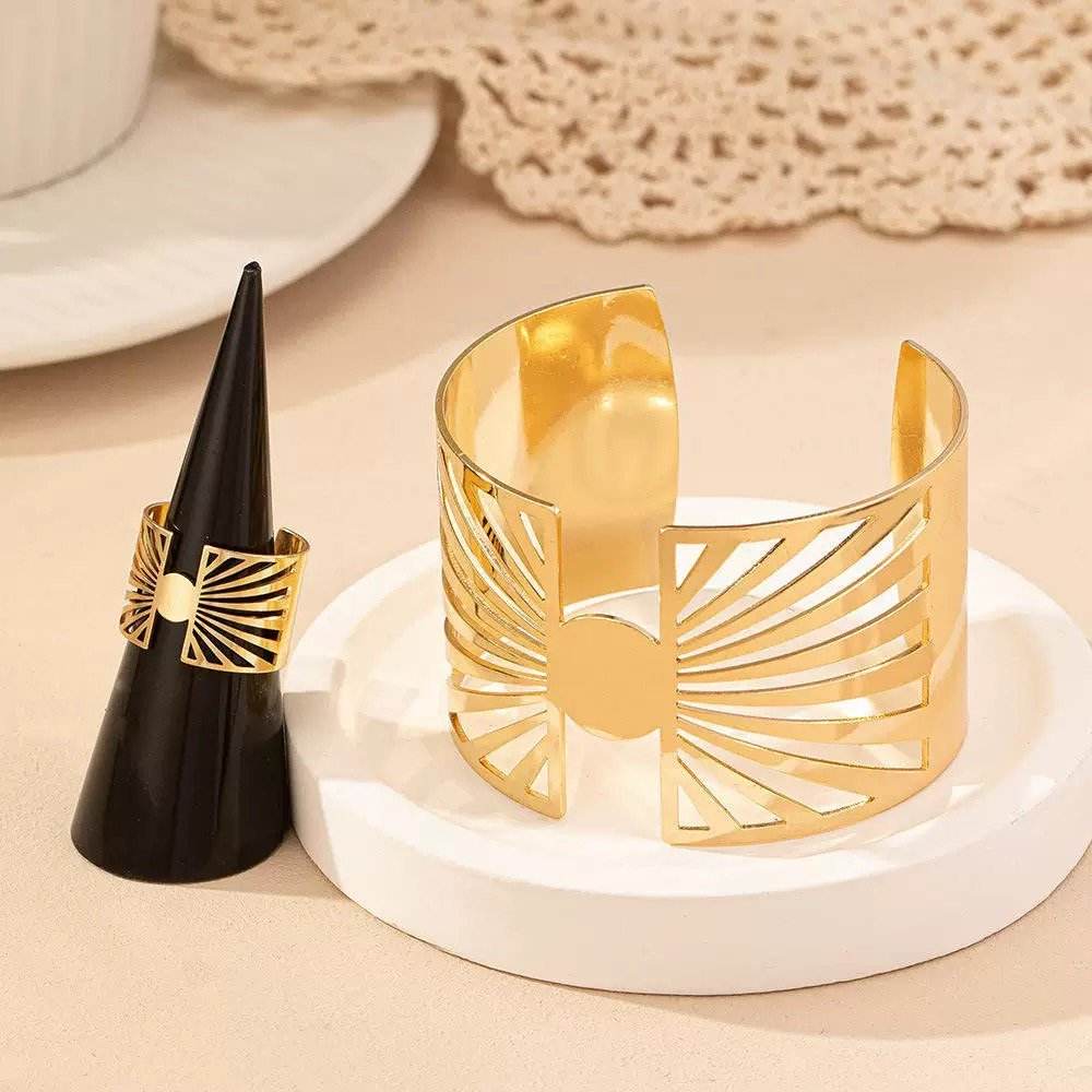 Buy Center 14K Gold Plated Geometric Ring & Cuff Set - Adjustable Elegance - Buy Center