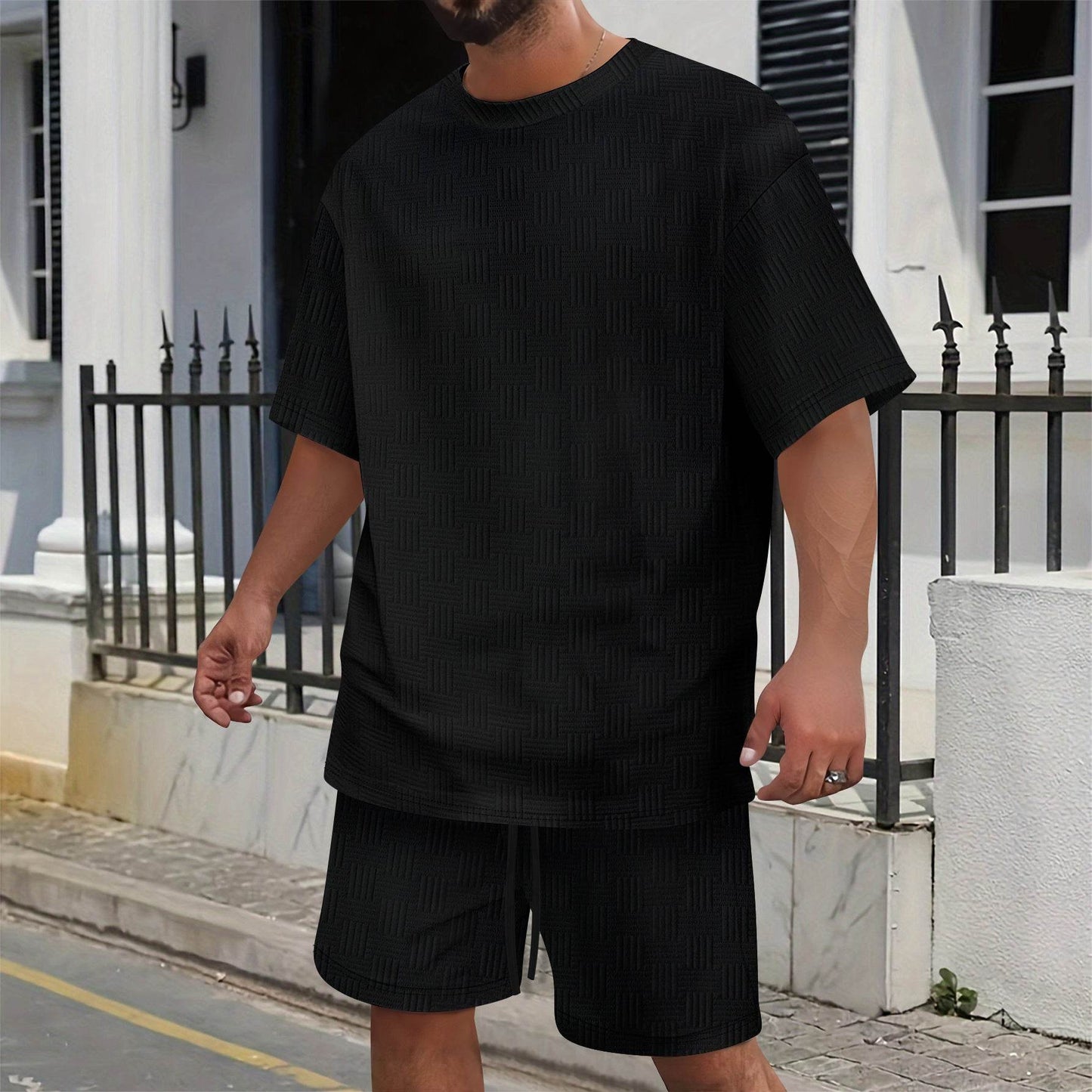 Sky Blue Men's Casual T-shirt Shorts Suit - Comfortable Polyester Set - Buy Center