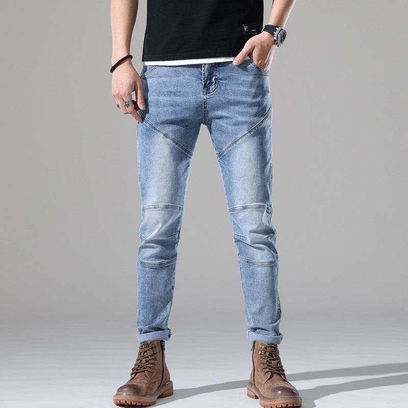 Men's Elastic Stitching Embroidered Jeans - Light Blue Denim Style - Buy Center