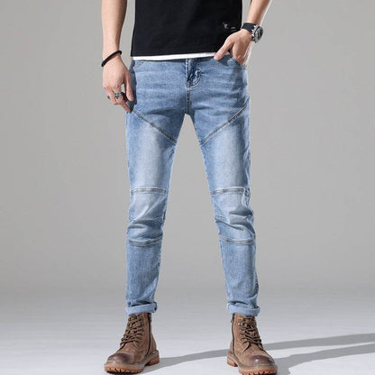 Men's Elastic Stitching Embroidered Jeans - Light Blue Denim Style - Buy Center