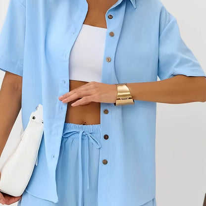 Women's Summer Two-Piece Set - Short Sleeve Shirt & Shorts - Buy Center