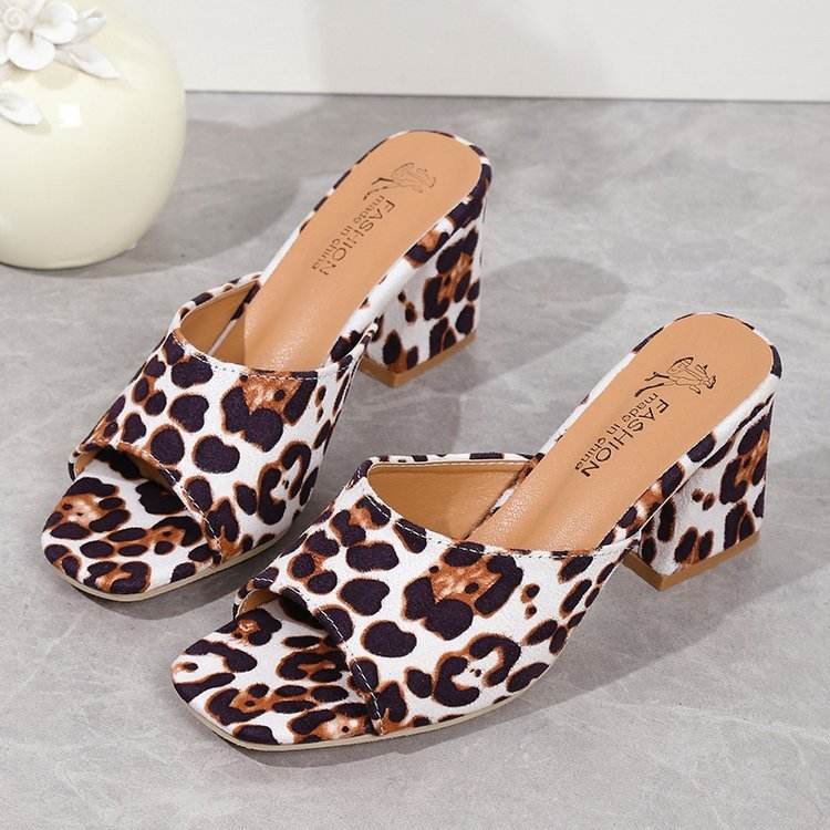 Buycenter Leopard Square Toe Sandals - Stylish High-Heeled Slippers for Women - Buy Center