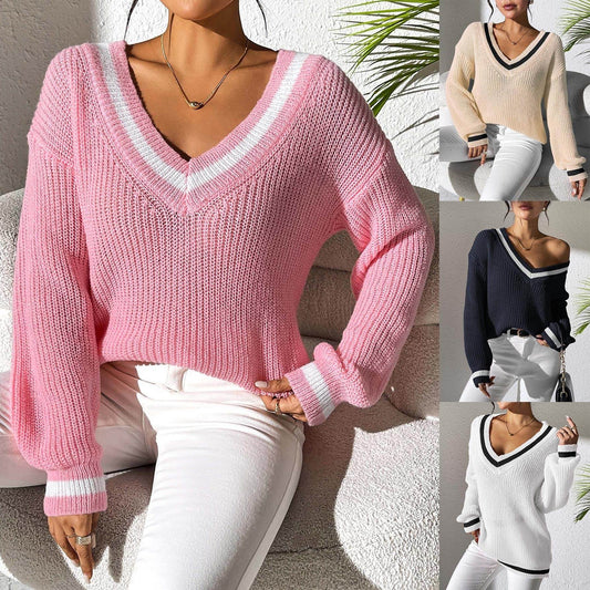 Buycenter Women's V-neck Color Block Sweater - Casual Pullover Style - Buy Center