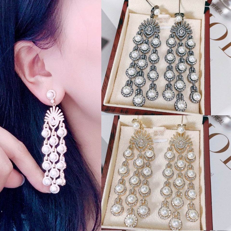 Stunning Micro Inlay Zircon Beaded Fringe Earrings - Elegant Bridal Jewelry - Buy Center