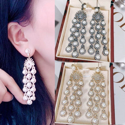 Stunning Micro Inlay Zircon Beaded Fringe Earrings - Elegant Bridal Jewelry - Buy Center
