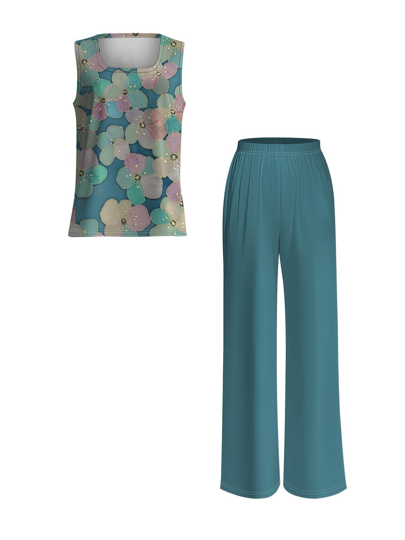 Women's Elegant Floral Printed Set - Square Neck Vest & Wide-Leg Pants - Buy Center