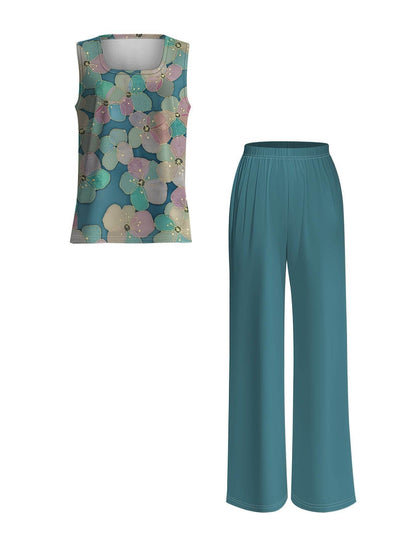 Women's Elegant Floral Printed Set - Square Neck Vest & Wide-Leg Pants - Buy Center