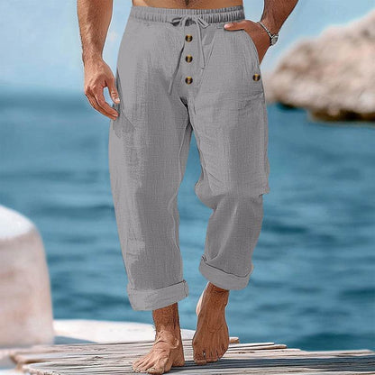 Buycenter Solid Color Cotton Linen Beach Pants - Casual Loose Fit Trousers - Buy Center